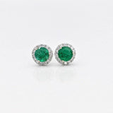 Green Emerald Studs with a Natural Diamond Halo in 14k Solid White, Yellow, Rose