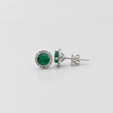 Green Emerald Studs with a Natural Diamond Halo in 14k Solid White, Yellow, Rose