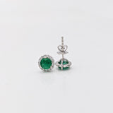 Green Emerald Studs with a Natural Diamond Halo in 14k Solid White, Yellow, Rose