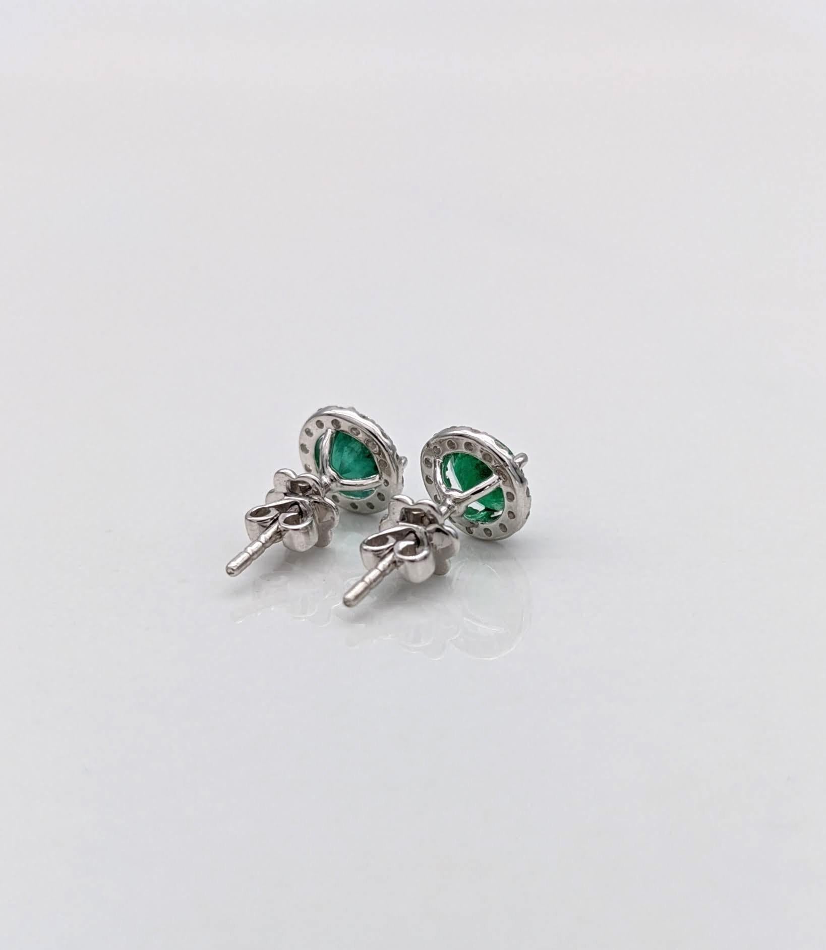 Green Emerald Studs with a Natural Diamond Halo in 14k Solid White, Yellow, Rose