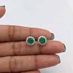 Green Emerald Studs with a Natural Diamond Halo in 14k Solid White, Yellow, Rose