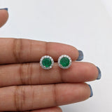 Green Emerald Studs with a Natural Diamond Halo in 14k Solid White, Yellow, Rose