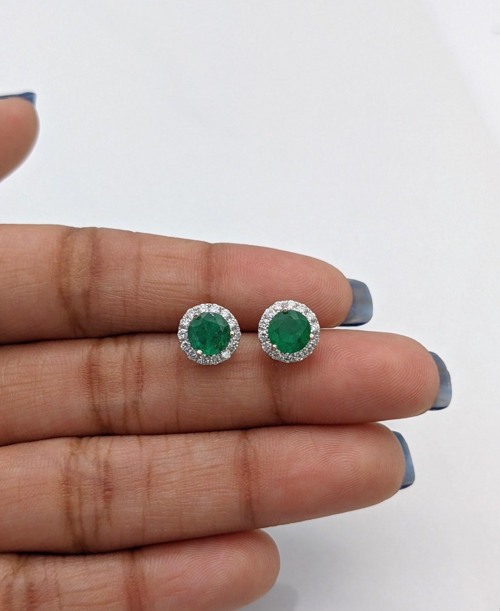 Green Emerald Studs with a Natural Diamond Halo in 14k Solid White, Yellow, Rose