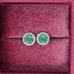 Green Emerald Studs with a Natural Diamond Halo in 14k Solid White, Yellow, Rose