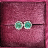 Green Emerald Studs with a Natural Diamond Halo in 14k Solid White, Yellow, Rose