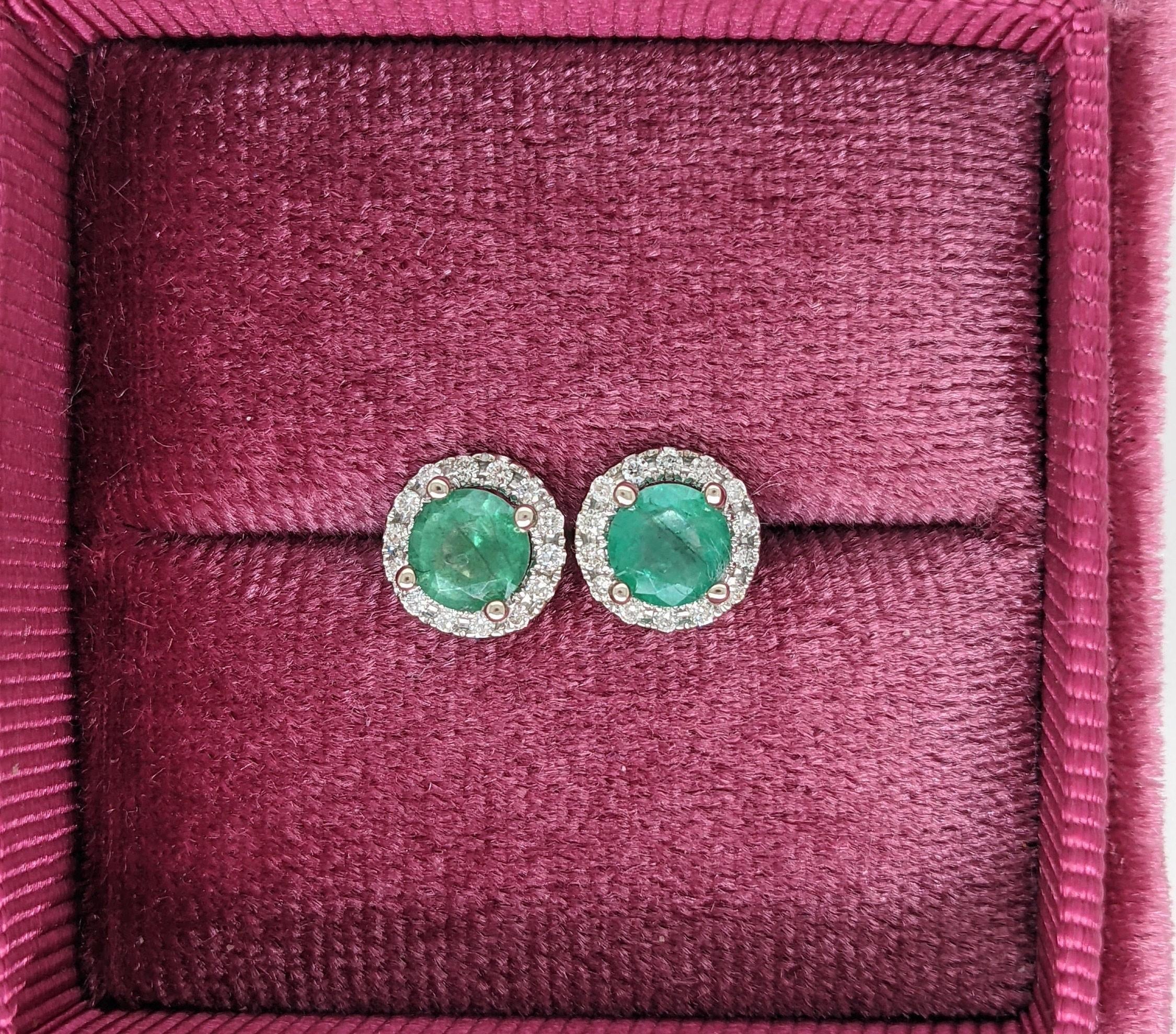 Green Emerald Studs with a Natural Diamond Halo in 14k Solid White, Yellow, Rose