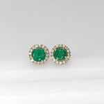 Green Emerald Studs with a Natural Diamond Halo in 14k Solid White, Yellow, Rose