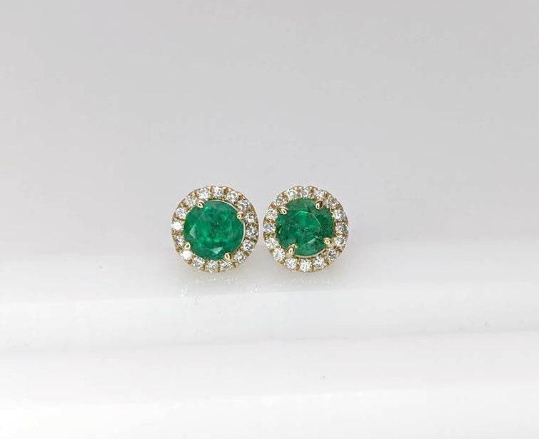 Green Emerald Studs with a Natural Diamond Halo in 14k Solid White, Yellow, Rose