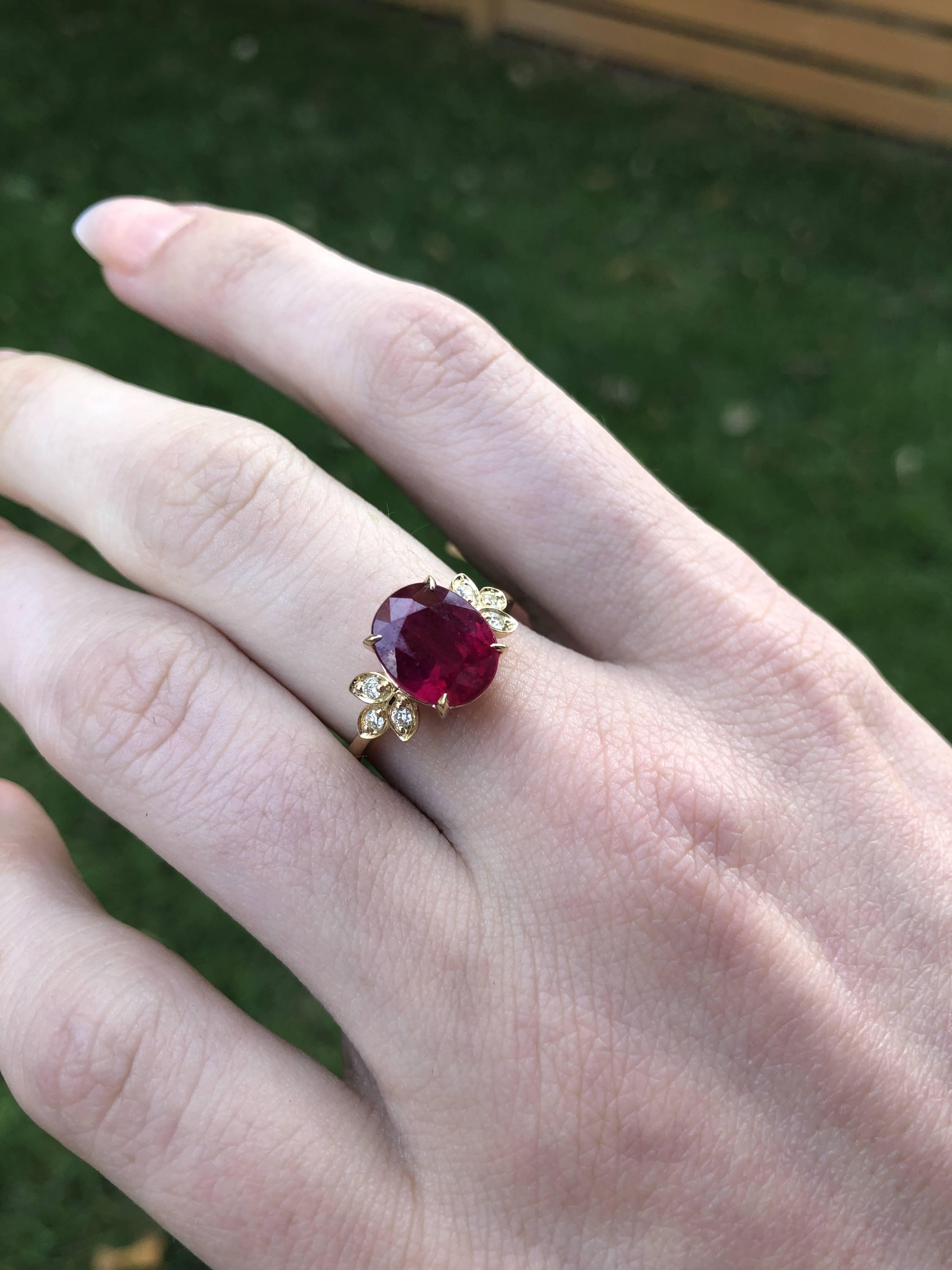 2.3ct Red Ruby Ring w Earth Mined Diamonds in Solid 14K Gold | Oval 10x8mm