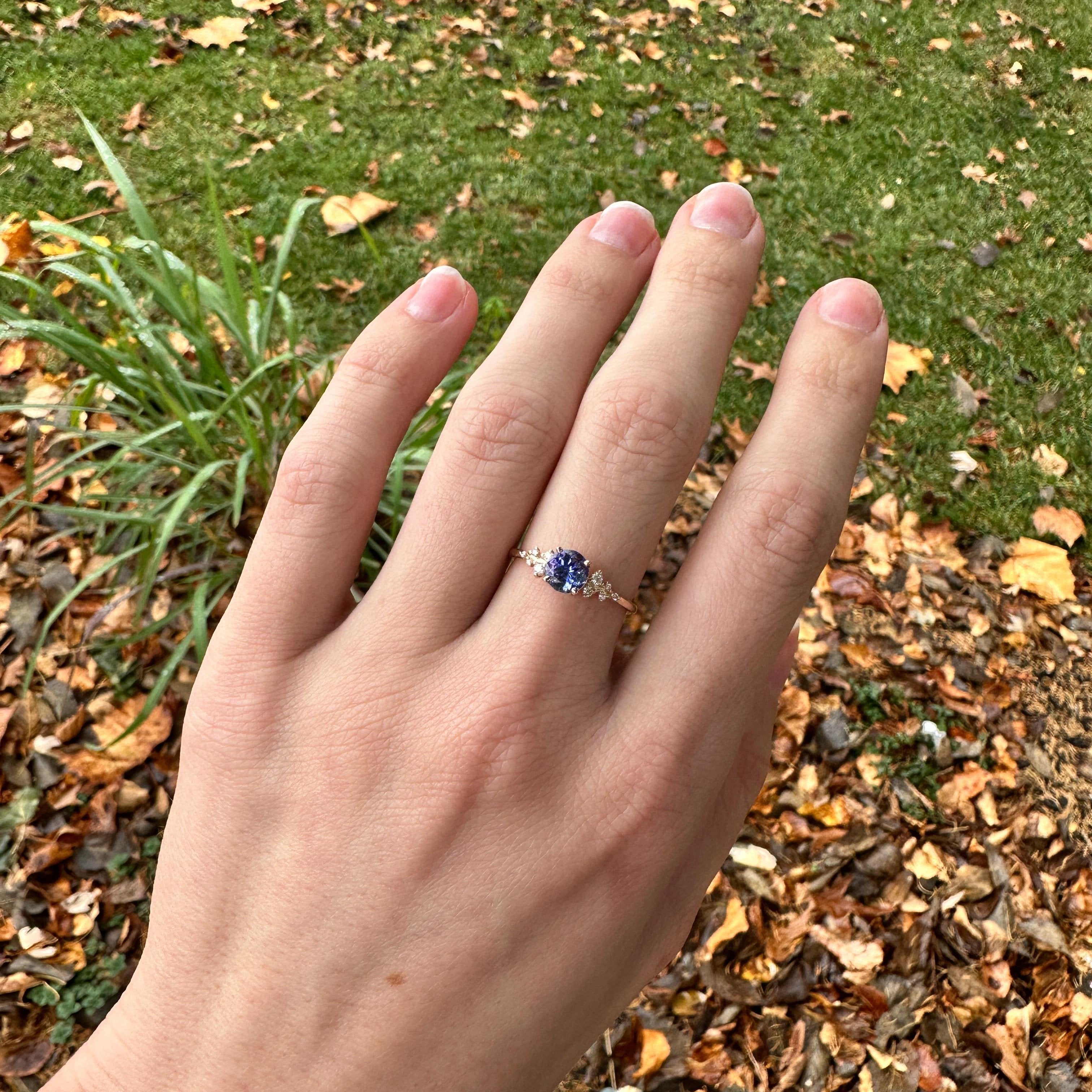 Dainty Tanzanite Ring W Natural Diamond Accents in 14K Solid Gold | Round 5.6mm