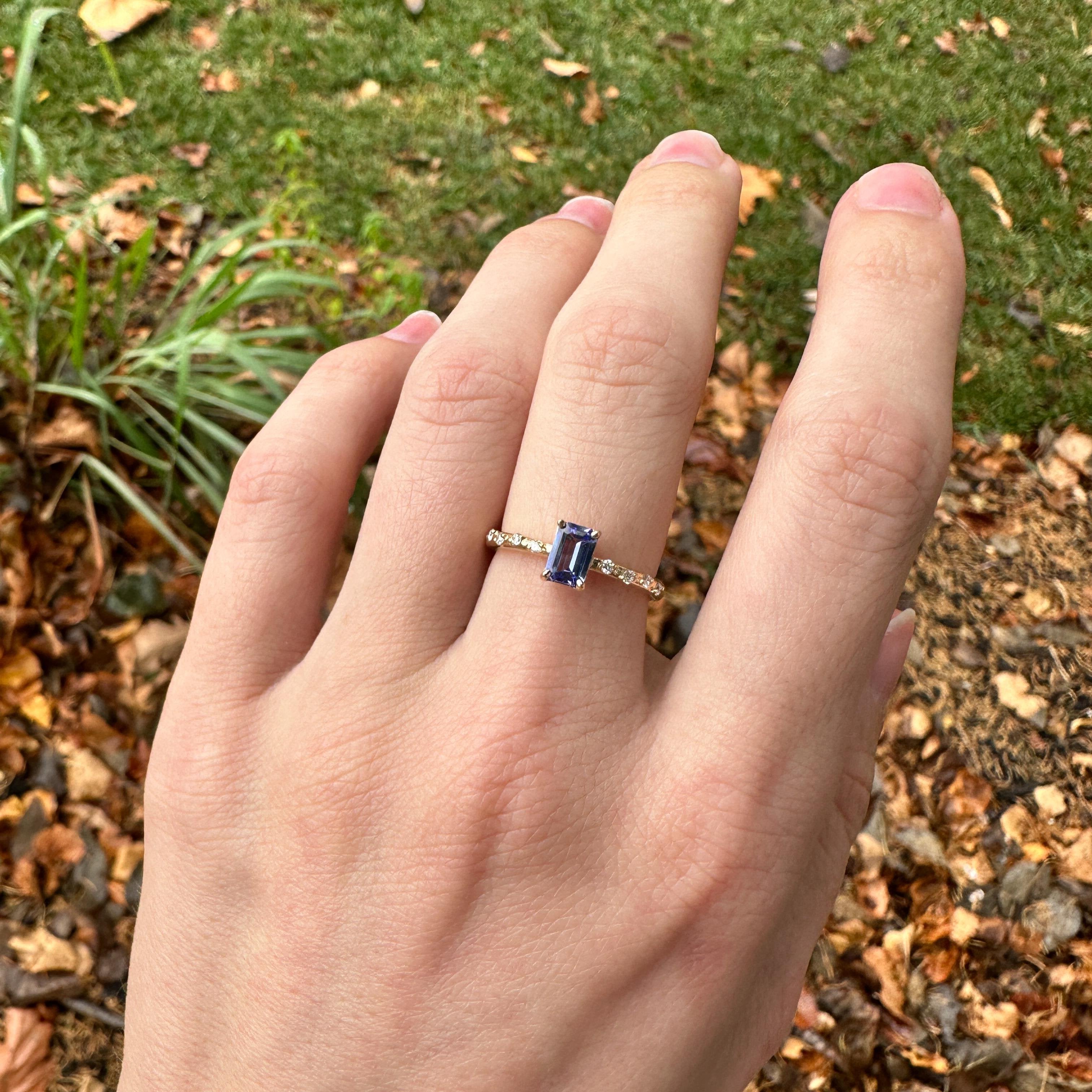 Tanzanite Ring w Earth Mined Diamonds in Solid 14K Yellow Gold | Emerald Cut