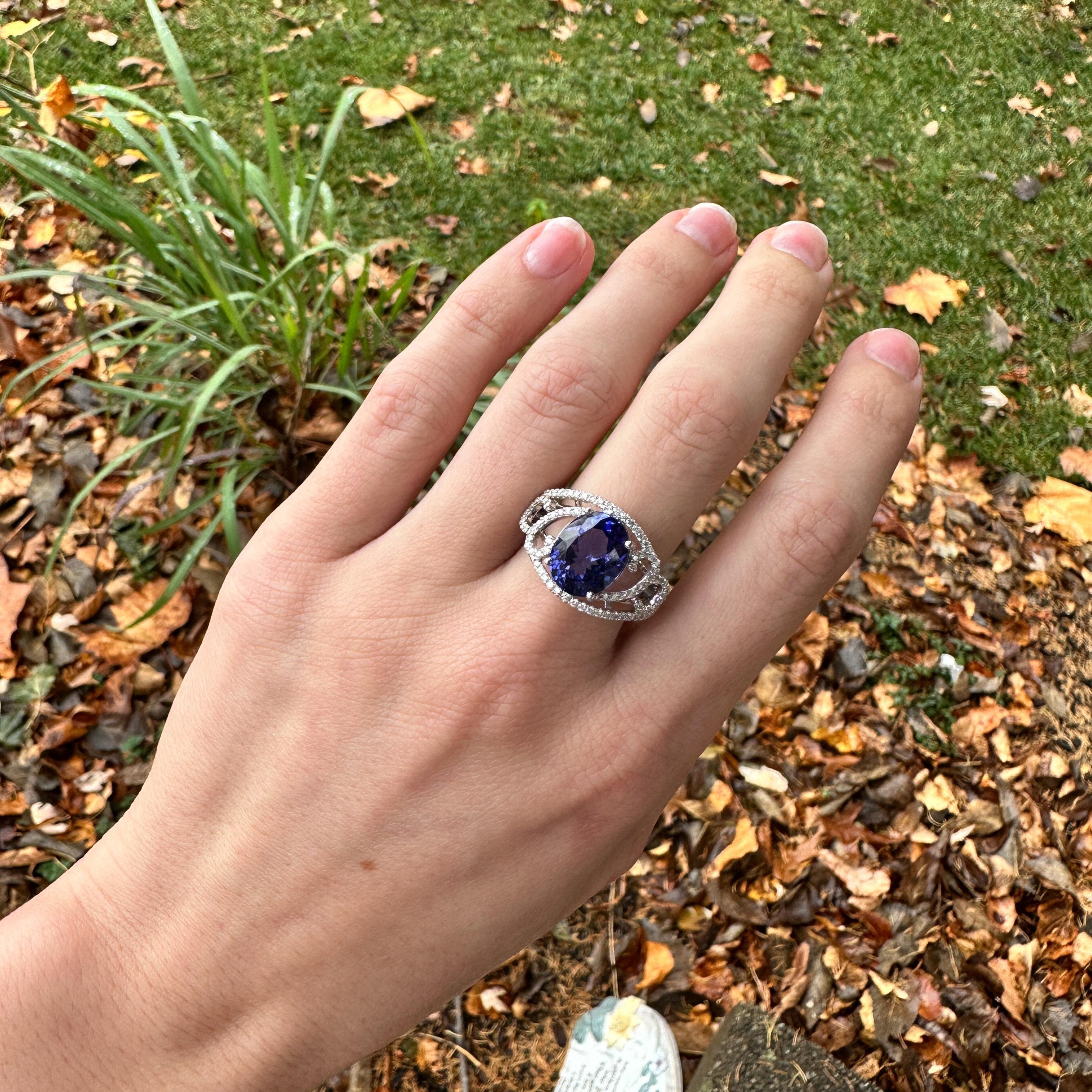 Statement 5.4ct Tanzanite Ring W Earth Mined Diamonds in Solid 14K White Gold