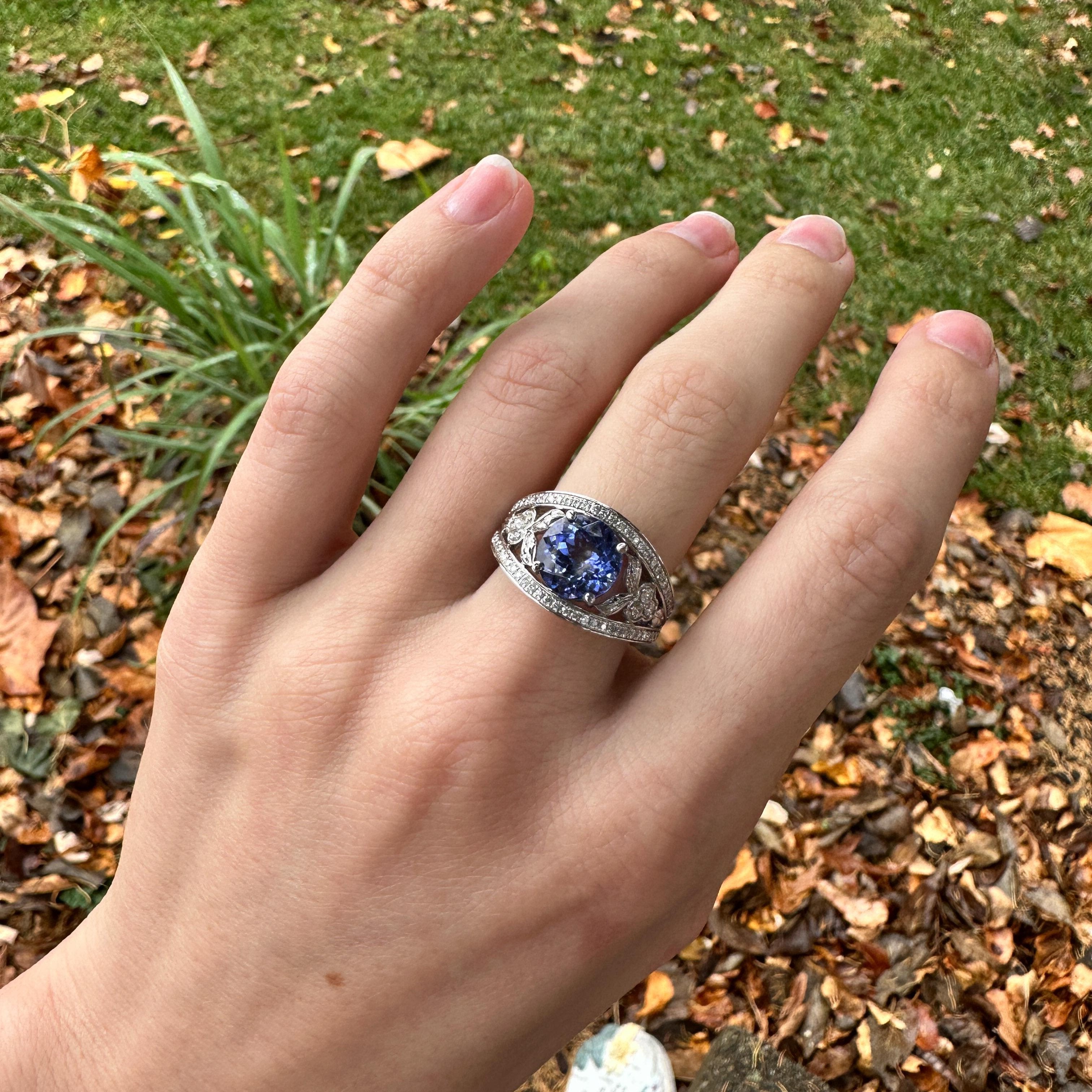 Intricate Design Tanzanite Ring w Diamond Accents in 14K White Gold | Round 9mm