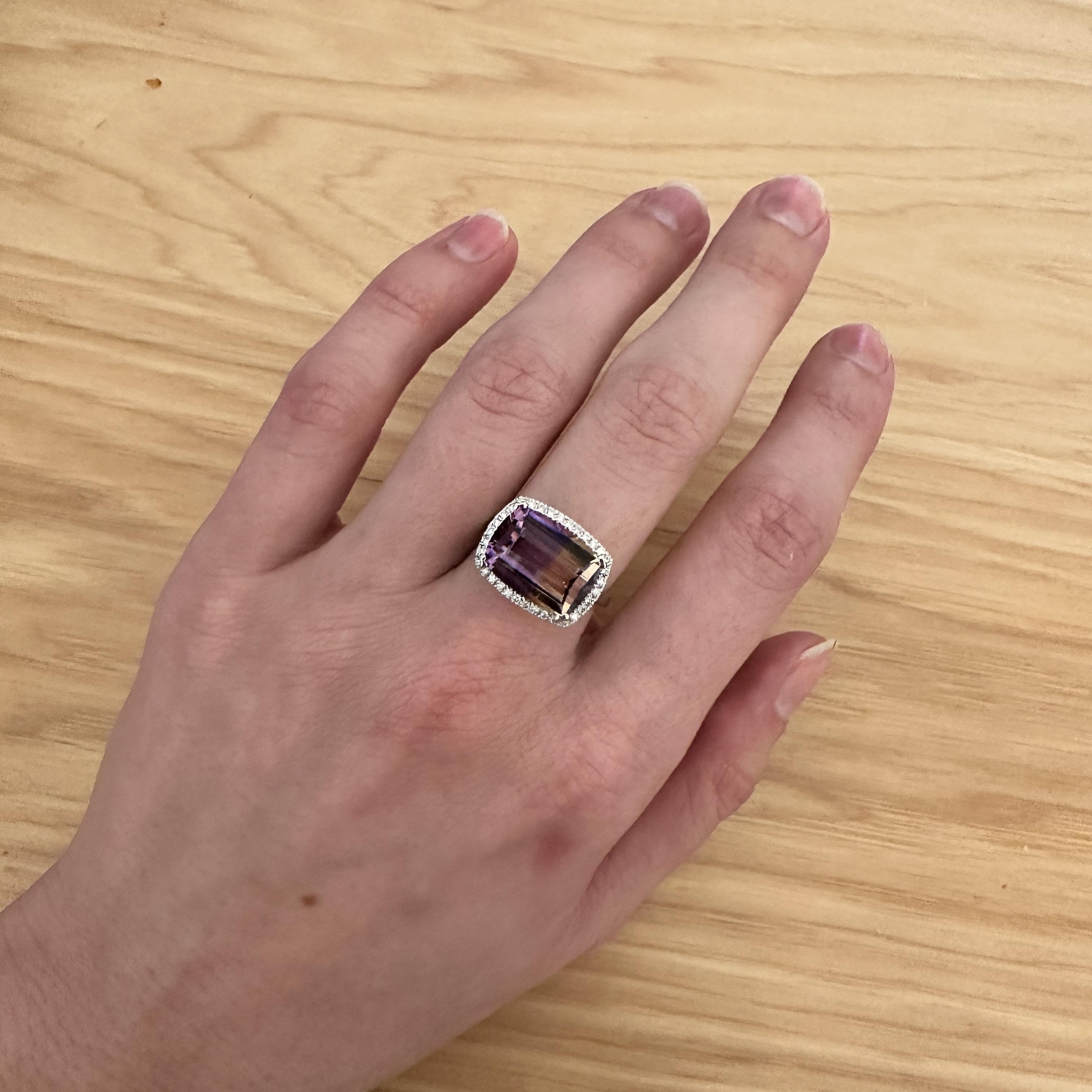 6ct East West Ametrine and Diamond Ring in Solid 14K White Gold | Cushion 14x10