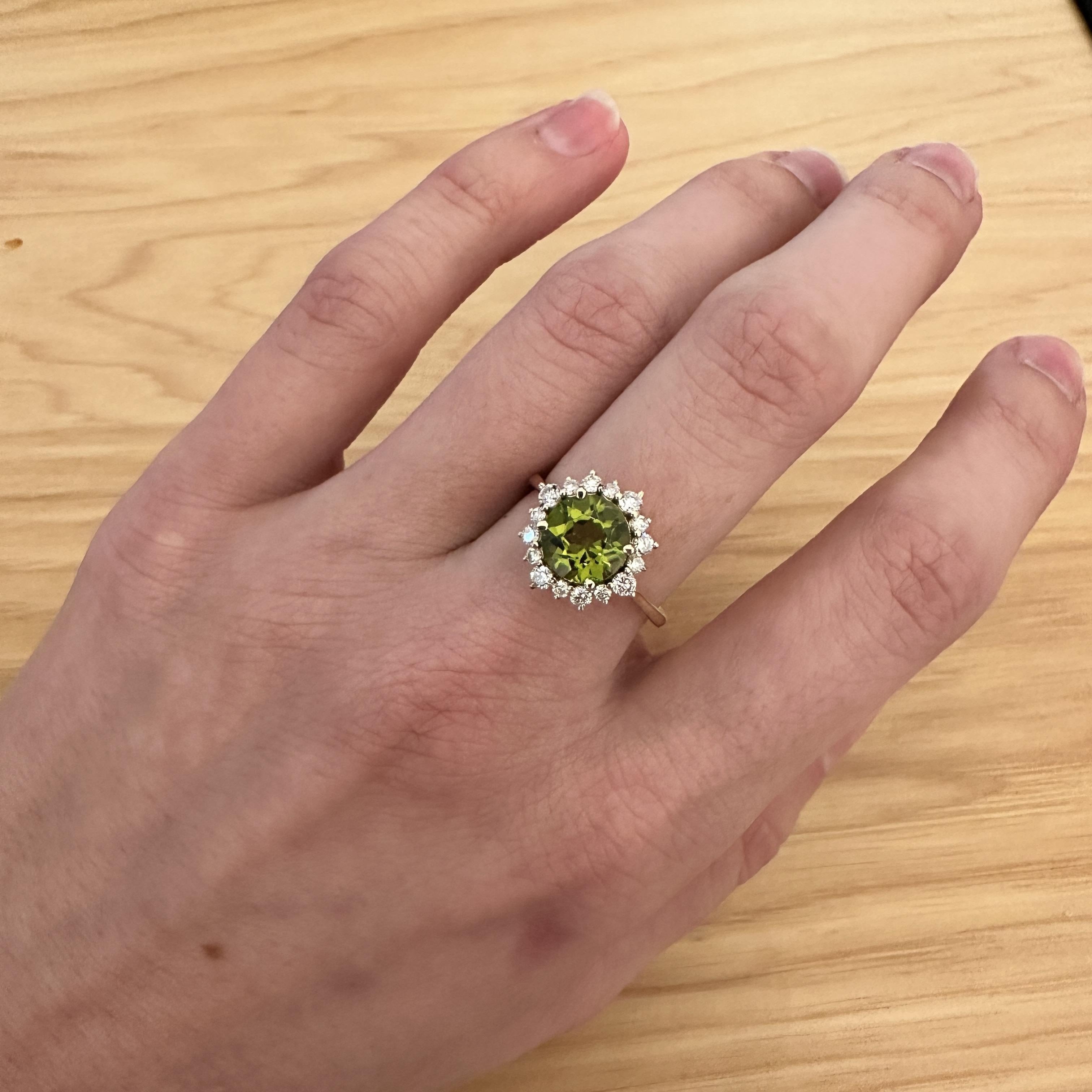 2ct Peridot Ring w Natural Diamond Halo in Solid 14K Yellow Gold | Round 8mm