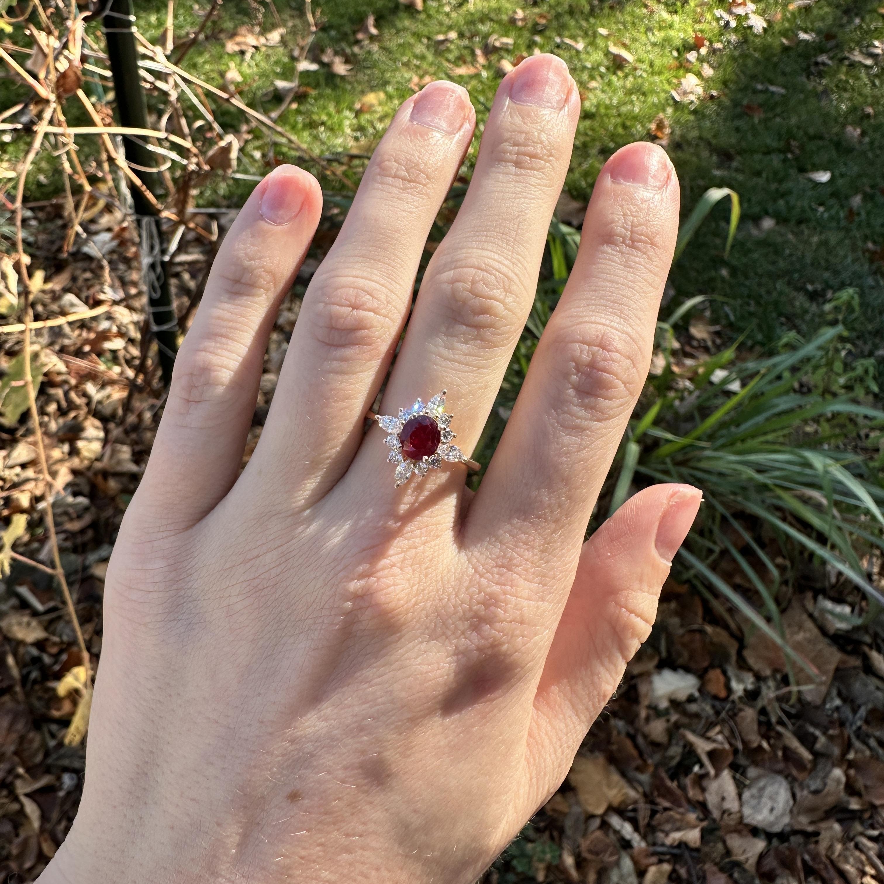 1ct Burmese Ruby, Pigeon Blood Red, Bespoke Ring Setting 14K Gold and Diamonds