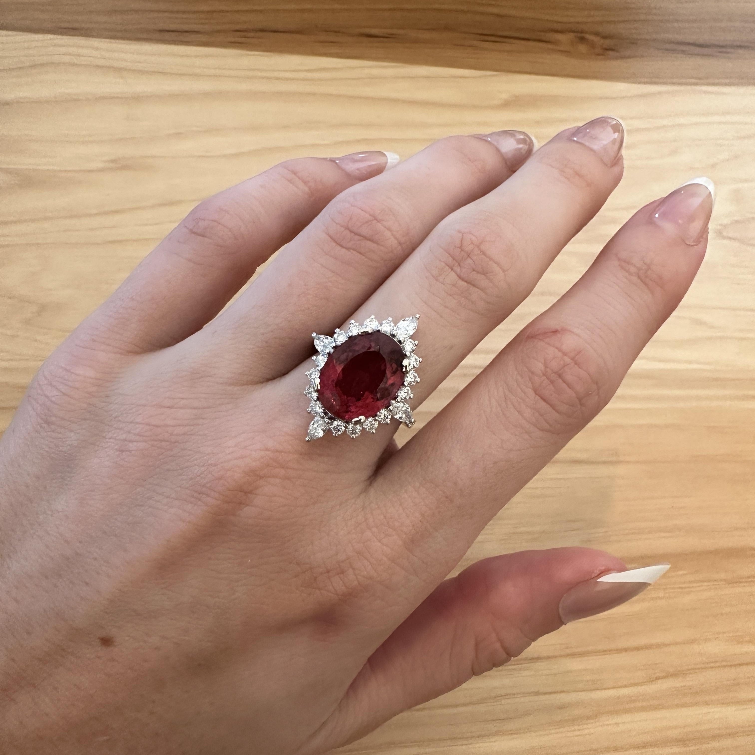 6ct Rubellite Statement Ring with a Natural Diamond Halo in Solid 14K Gold