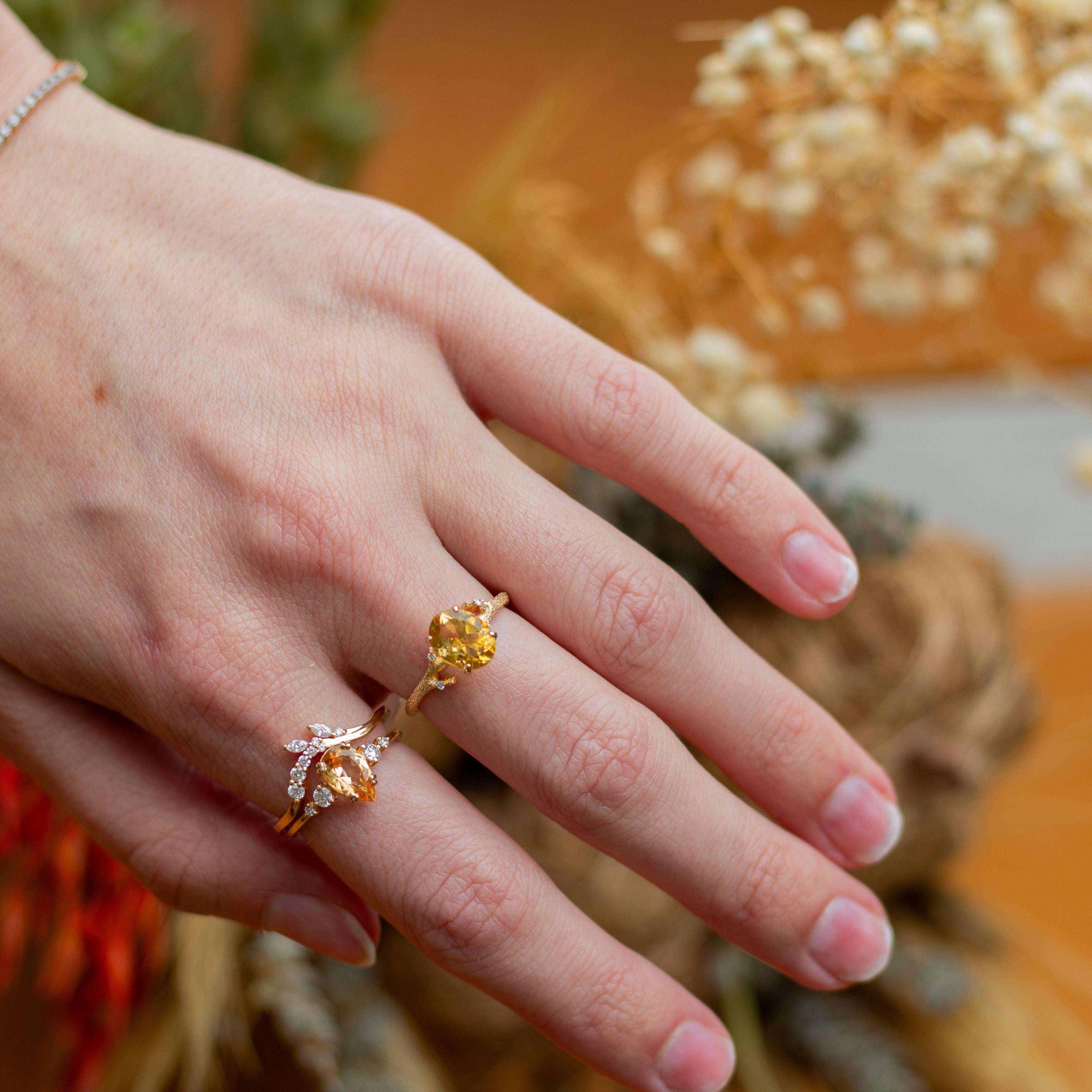 Nature Inspired Citrine Ring w Diamond Accents in Solid 14K Gold | Oval 8x7mm