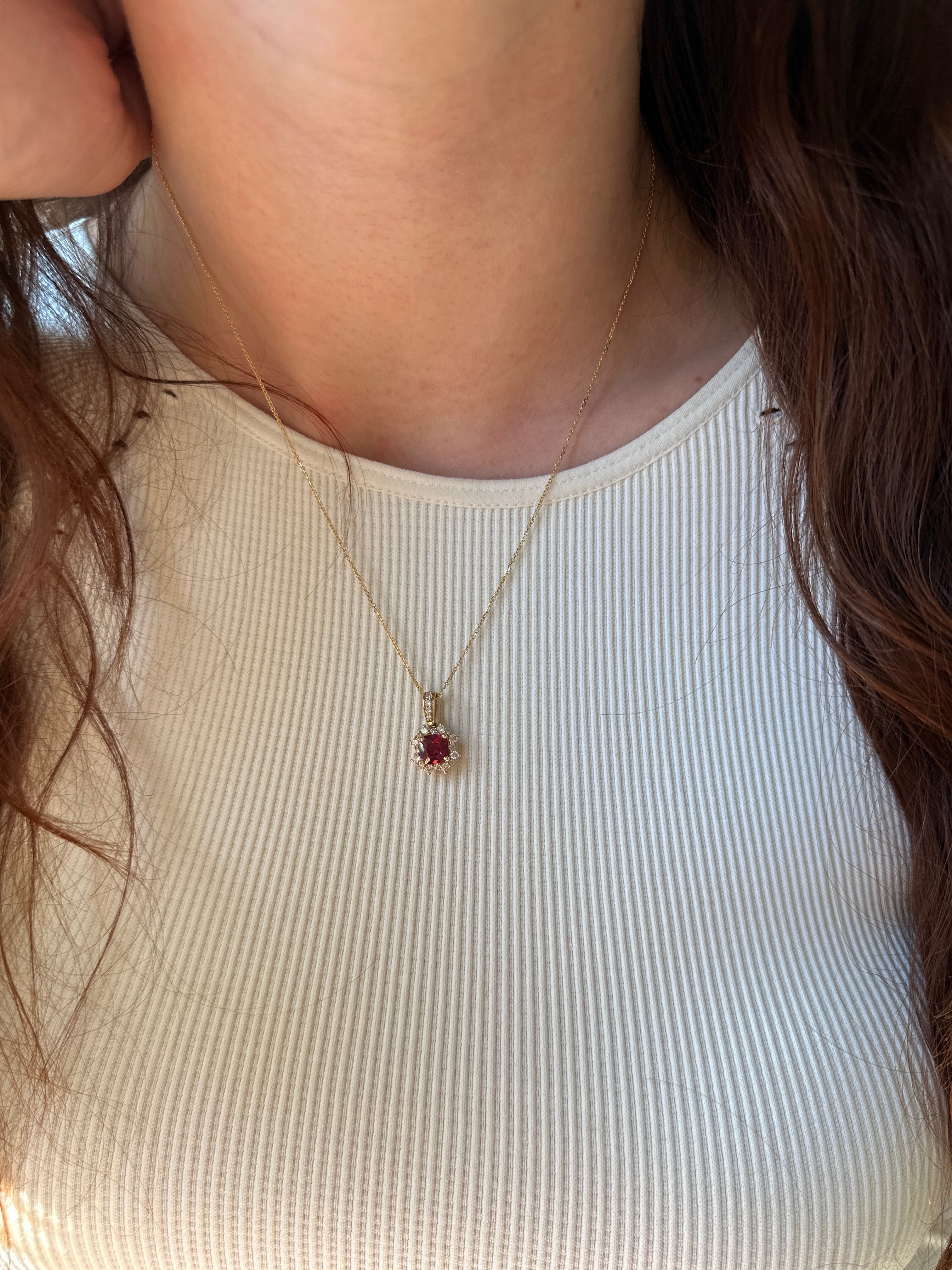 Rhodolite Pendant w Earth Mined Diamonds in Solid 14K Yellow Gold Cushion 6mm