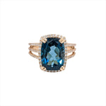 9ct London Blue Topaz Ring w Earth Mined Diamonds in Solid 14k Gold CU 14x10mm