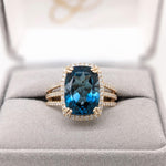 9ct London Blue Topaz Ring w Earth Mined Diamonds in Solid 14k Gold CU 14x10mm