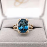 9ct London Blue Topaz Ring w Earth Mined Diamonds in Solid 14k Gold CU 14x10mm