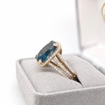 9ct London Blue Topaz Ring w Earth Mined Diamonds in Solid 14k Gold CU 14x10mm