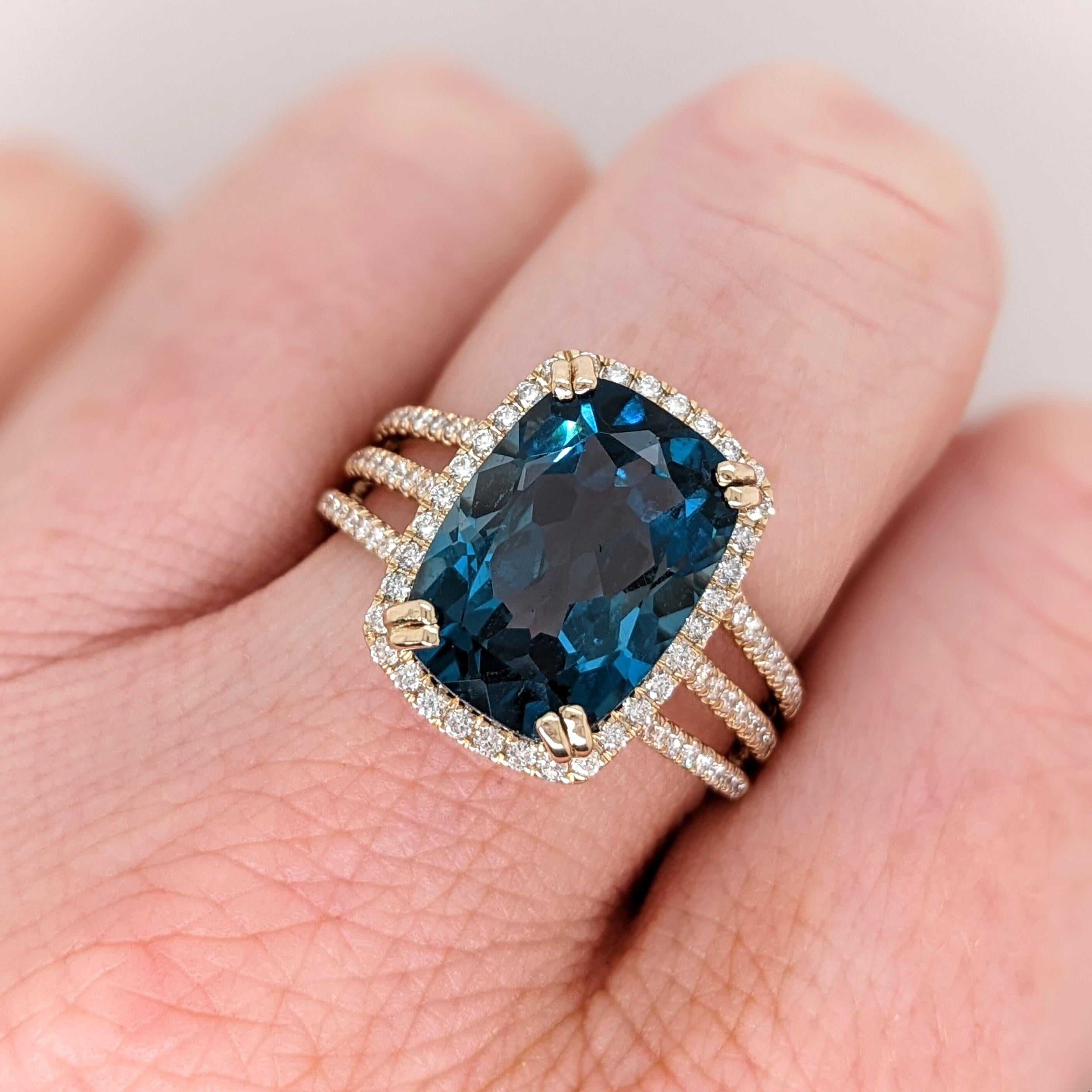 9ct London Blue Topaz Ring w Earth Mined Diamonds in Solid 14k Gold CU 14x10mm