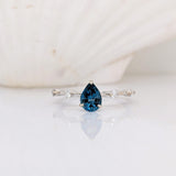 London Blue Topaz Ring w Earth Mined Diamonds in Solid 14k White Gold Pear 6x4mm