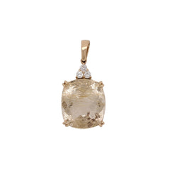 18ct Rutilated Quartz Pendant w Earth Mined Diamonds in Solid 14K Gold CU 18x16