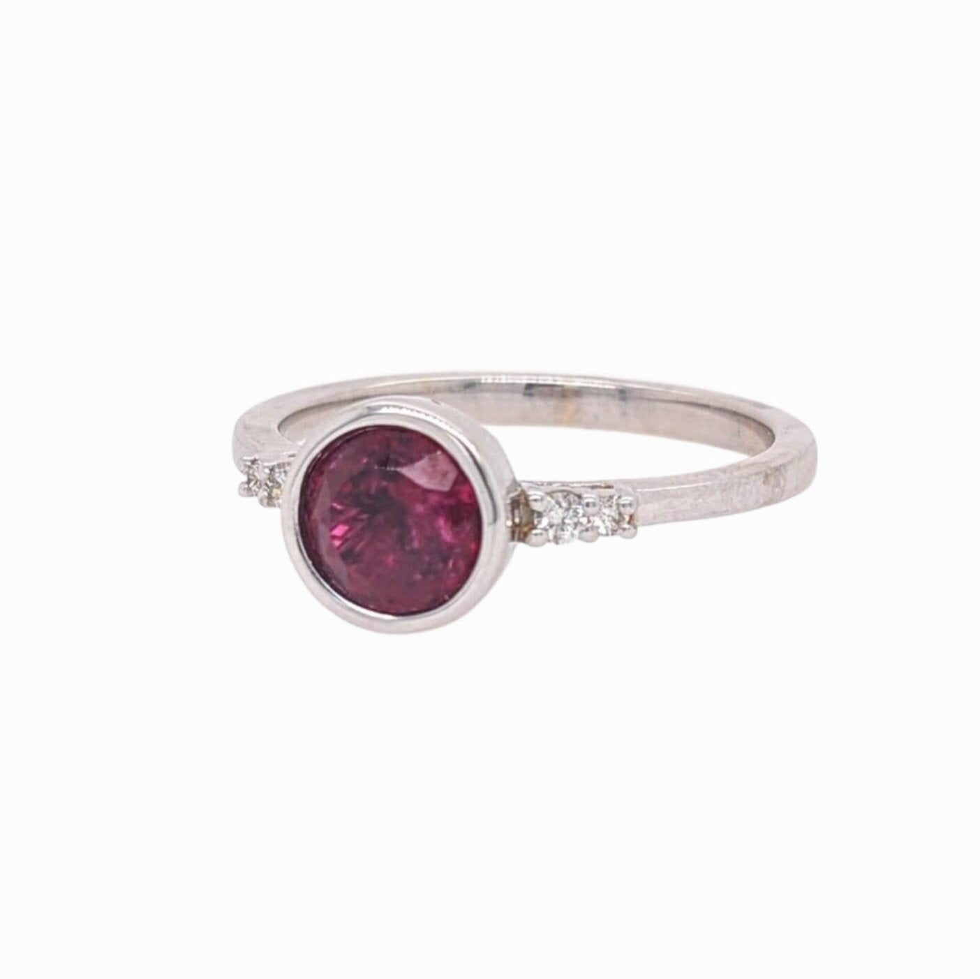 Bezel Set Deep Red Rubellite Ring in 14K White Gold w Natural Diamond Accents