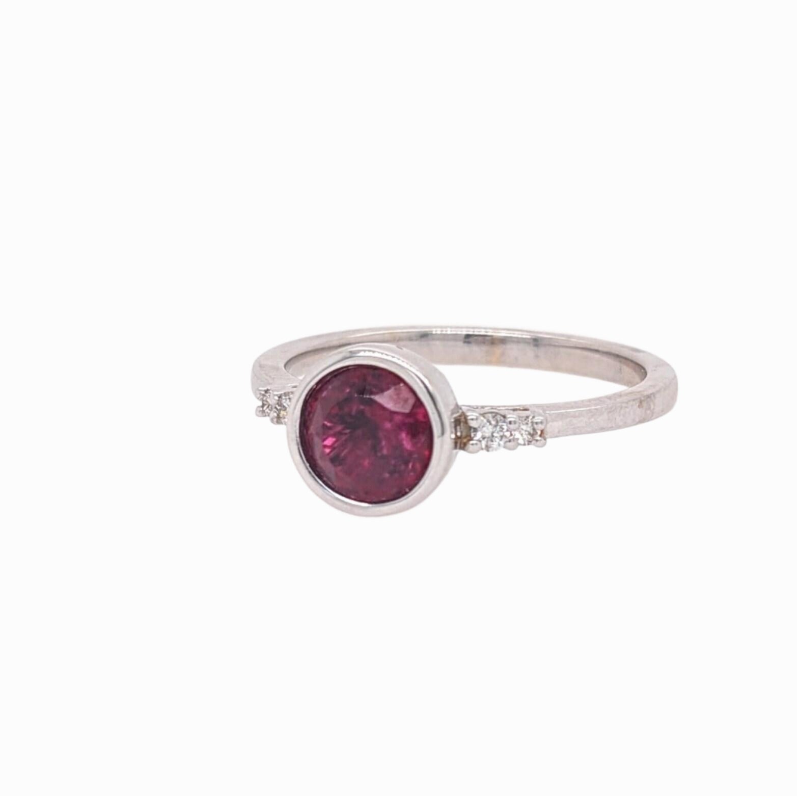 Bezel Set Deep Red Rubellite Ring in 14K White Gold w Natural Diamond Accents