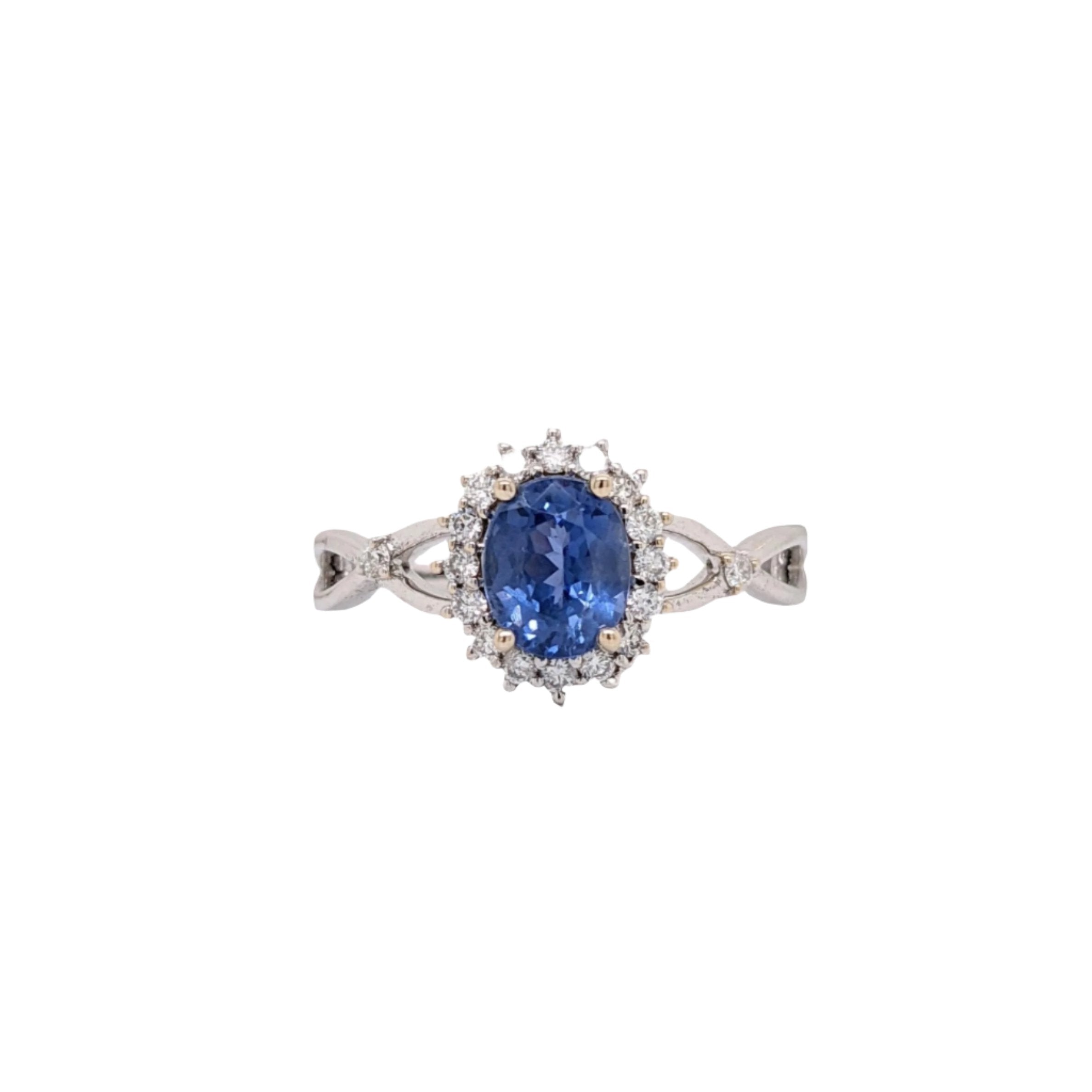 Oval Sapphire Ring w Natural Diamond Halo in Solid 14k White Gold | Split Shank