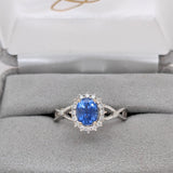 Oval Sapphire Ring w Natural Diamond Halo in Solid 14k White Gold | Split Shank