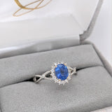 Oval Sapphire Ring w Natural Diamond Halo in Solid 14k White Gold | Split Shank