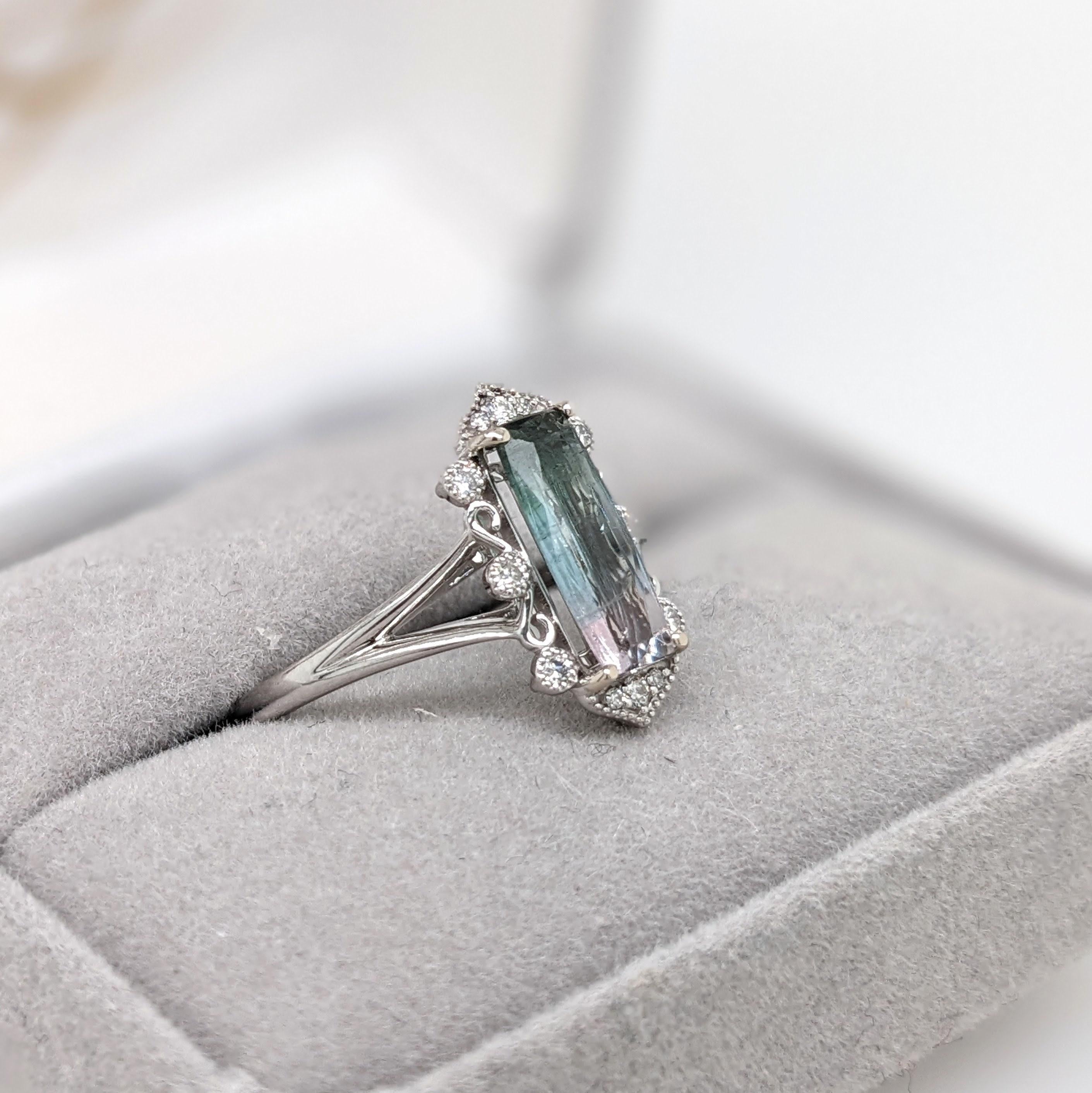 Unique Bi-Color Blue & Pink Tourmaline Ring in Solid 14K White Gold w Diamonds