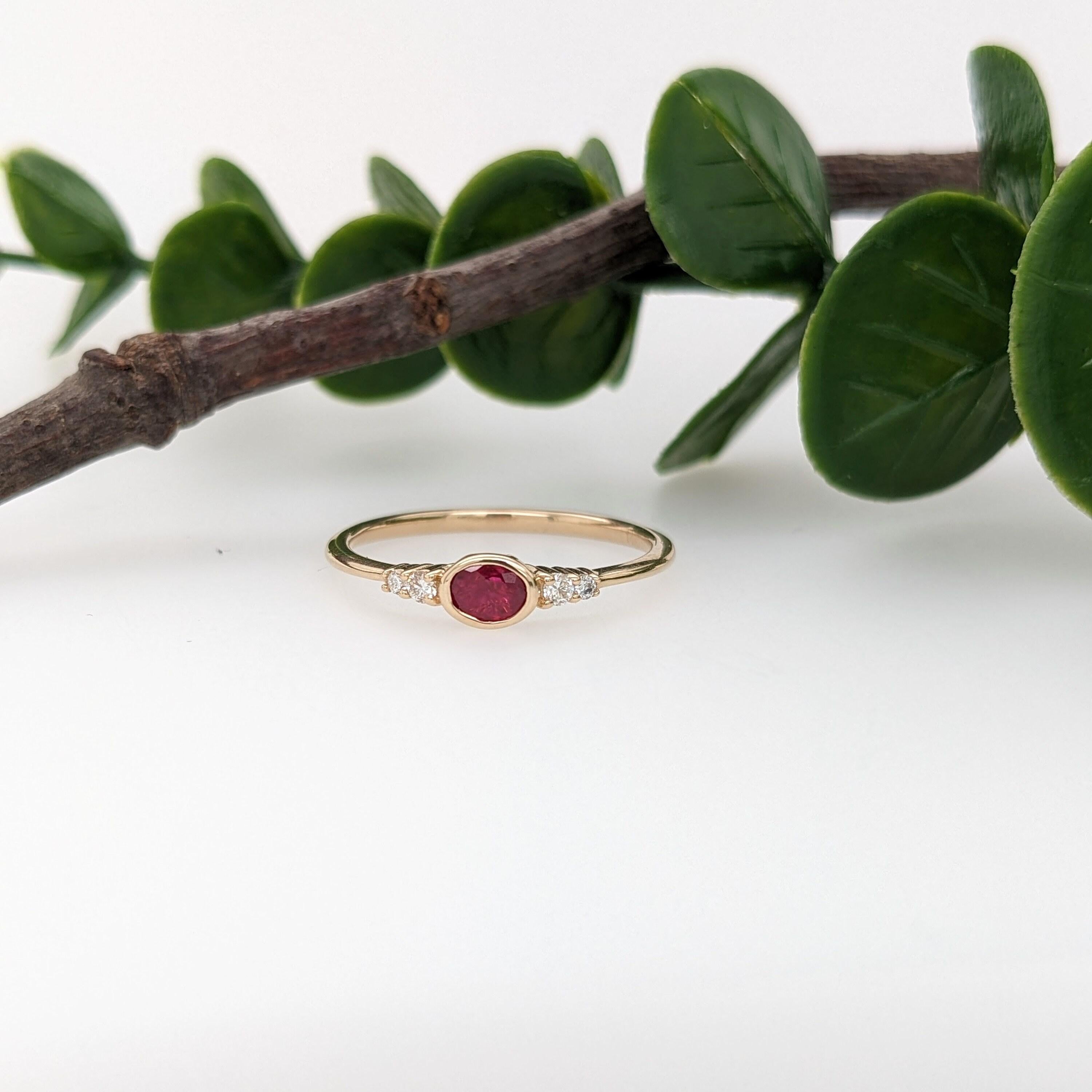 Minimalist Ruby Ring w Earth Mined Diamonds in Solid 14K Gold | Oval 4.5x3.5mm