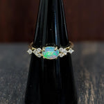 East West Opal Ring w Earth Mined Diamonds in Solid 14k Yellow Gold Oval 8x6mm