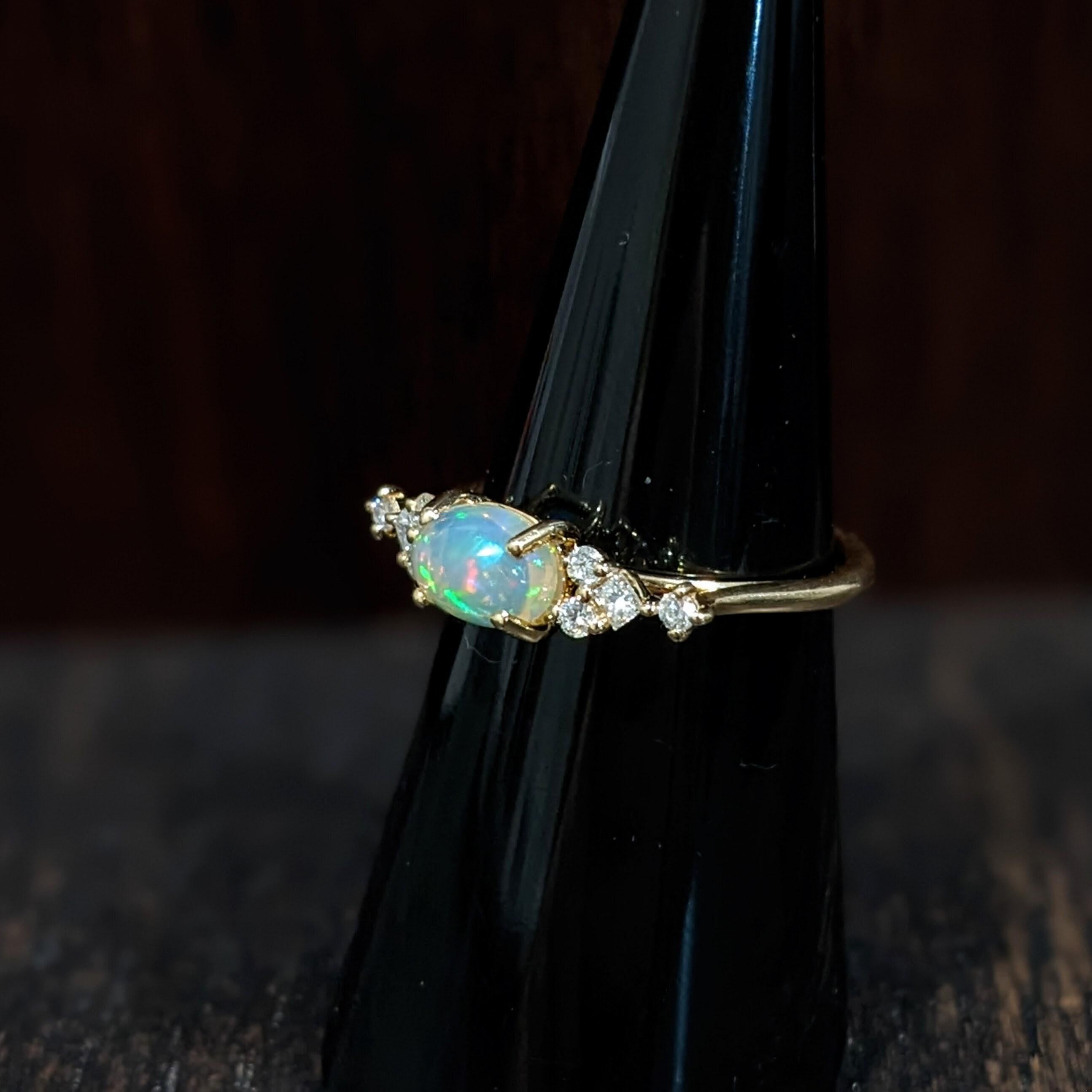 East West Opal Ring w Earth Mined Diamonds in Solid 14k Yellow Gold Oval 8x6mm