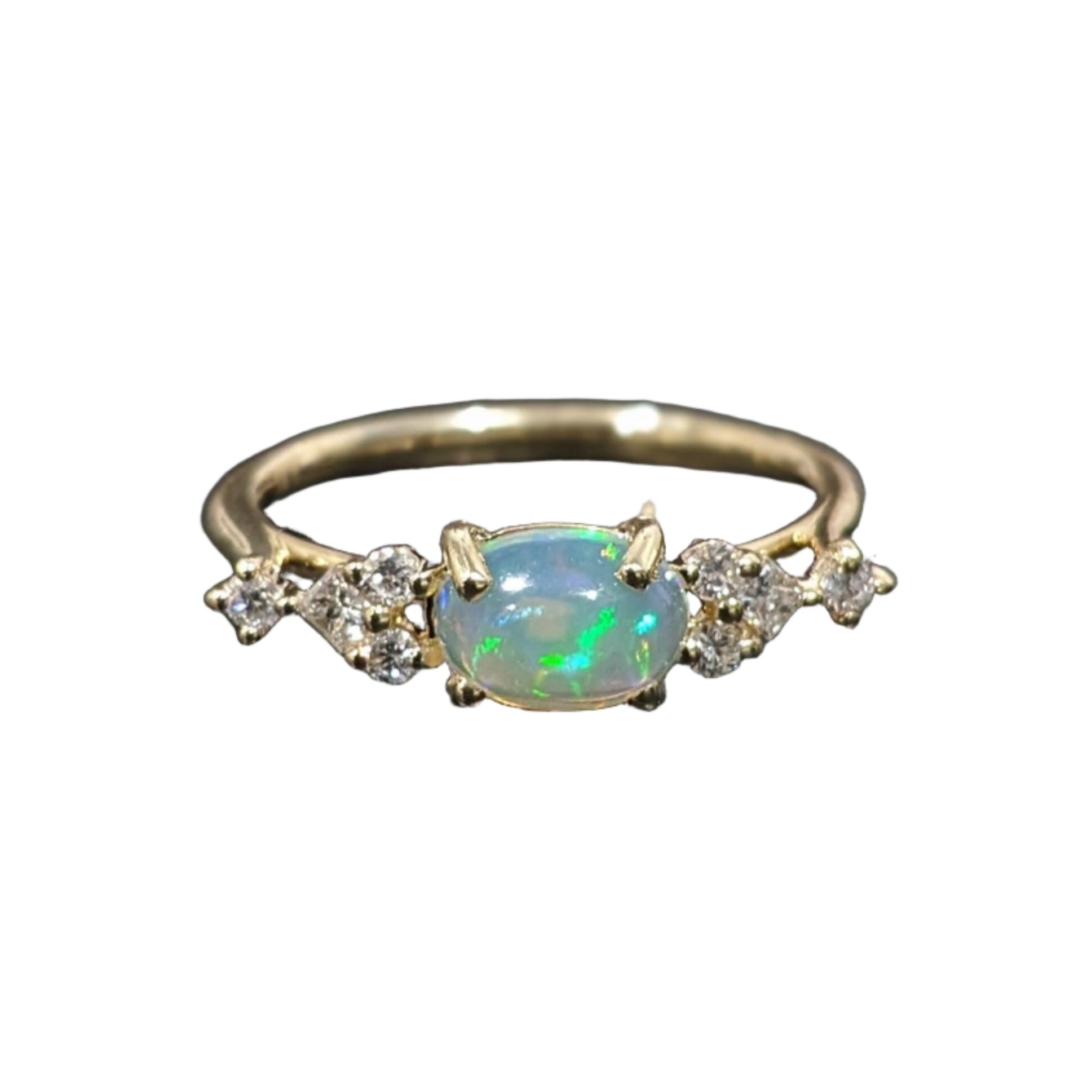 East West Opal Ring w Earth Mined Diamonds in Solid 14k Yellow Gold Oval 8x6mm