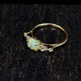 East West Opal Ring w Earth Mined Diamonds in Solid 14k Yellow Gold Oval 8x6mm