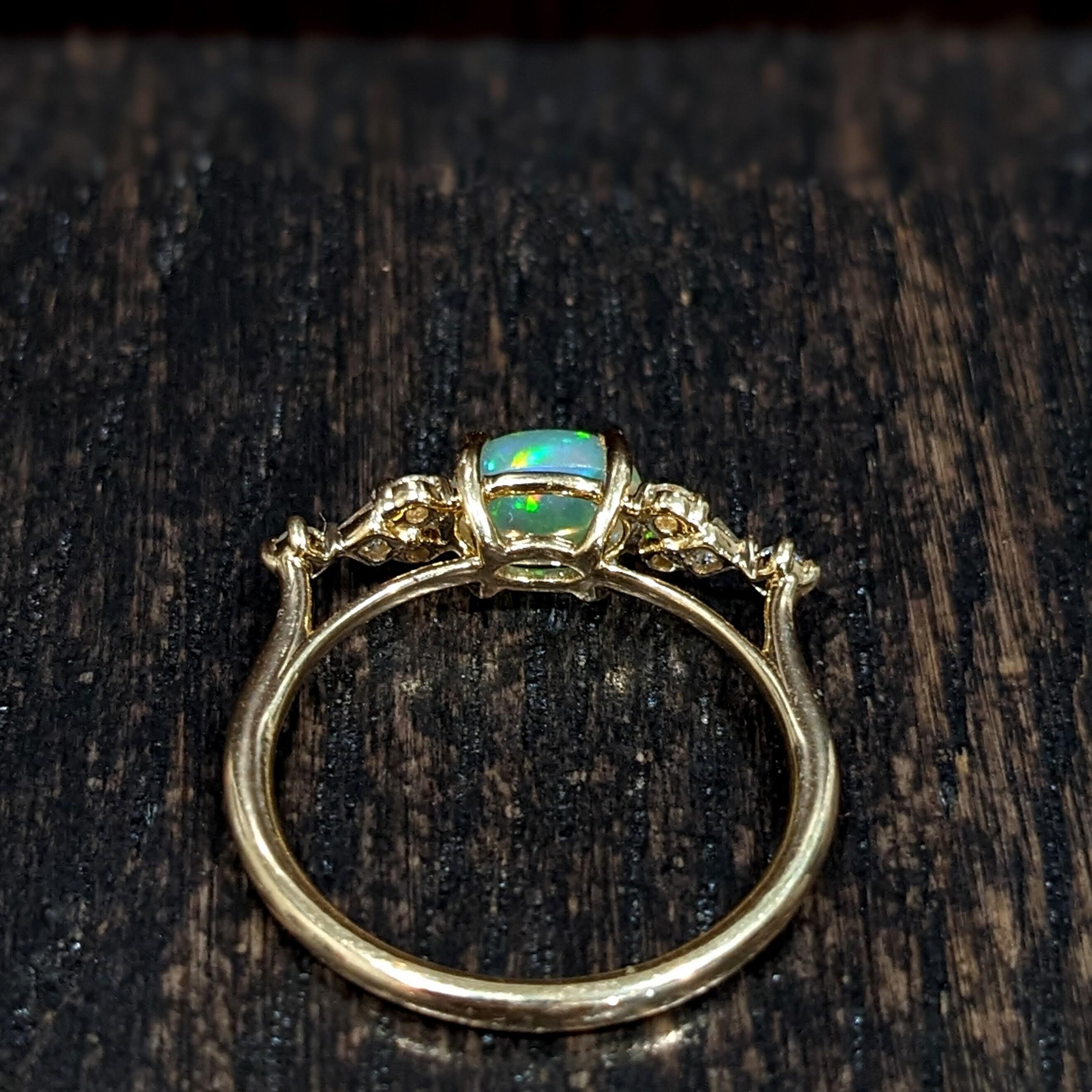 East West Opal Ring w Earth Mined Diamonds in Solid 14k Yellow Gold Oval 8x6mm