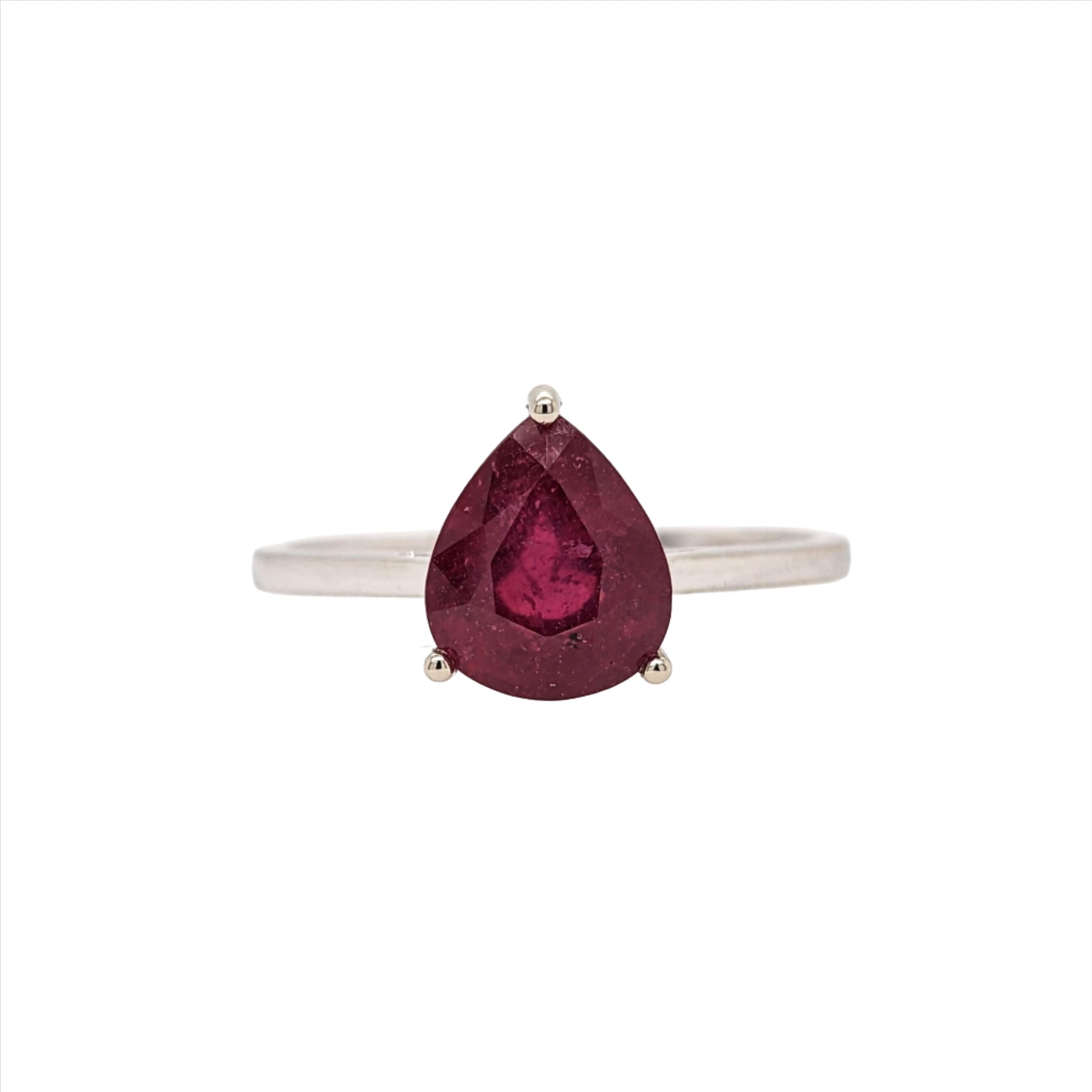 3.5ct Red Ruby Ring in Solid 14k White Gold | Pear Shape 10x7mm | Solitaire Ring