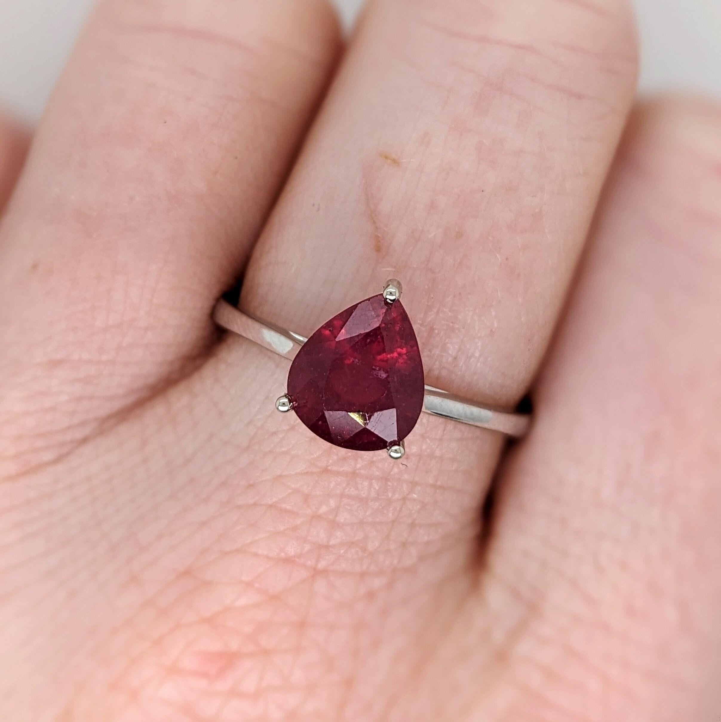 3.5ct Red Ruby Ring in Solid 14k White Gold | Pear Shape 10x7mm | Solitaire Ring