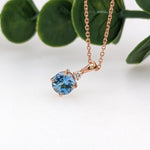 Solitaire Aquamarine Pendant w Earth Mined Diamonds in Solid 14k Rose Gold