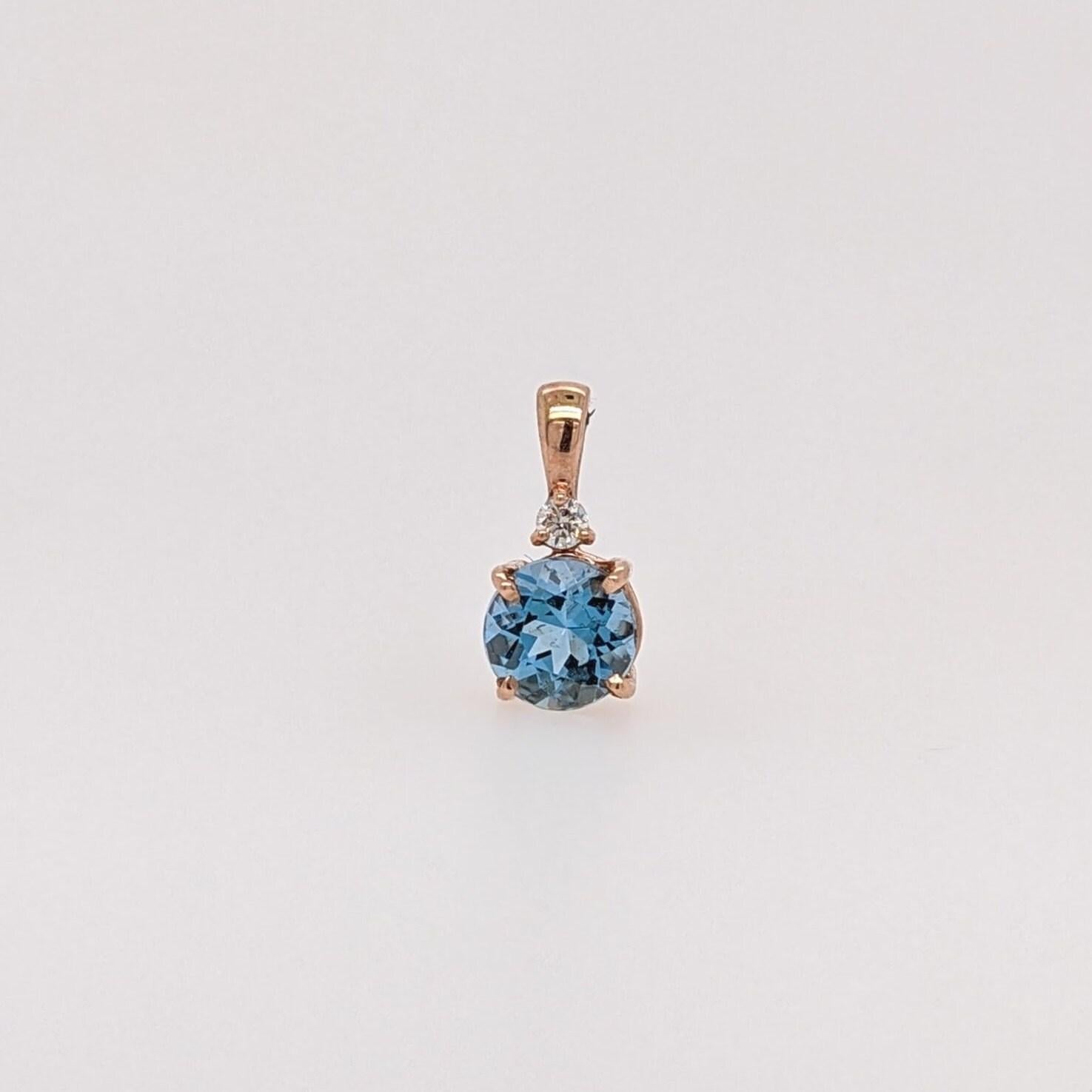 Solitaire Aquamarine Pendant w Earth Mined Diamonds in Solid 14k Rose Gold