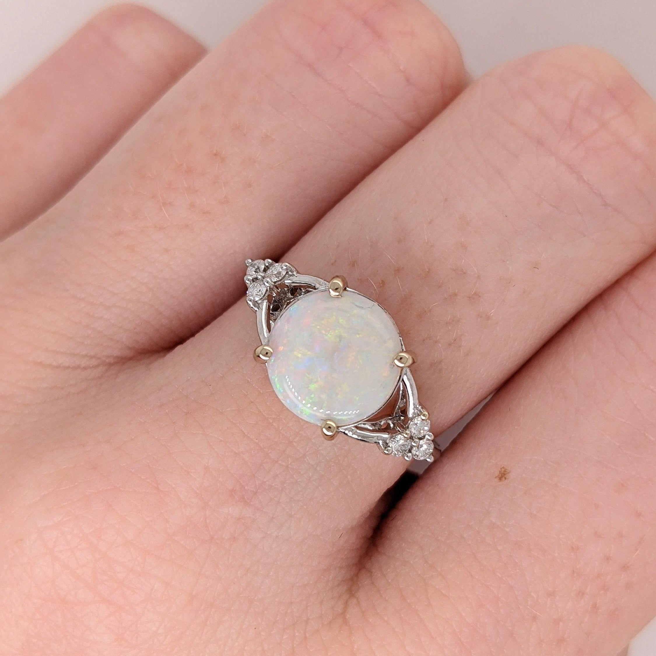 1.5ct Opal Ring w Earth Mined Diamonds in Solid 14K Dual Tone Gold Round 9.5mm