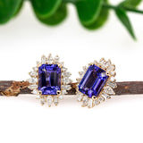 Ayesha 14K Solid Gold Tanzanite Diamond Earrings | Emerald Cut 8x6mm