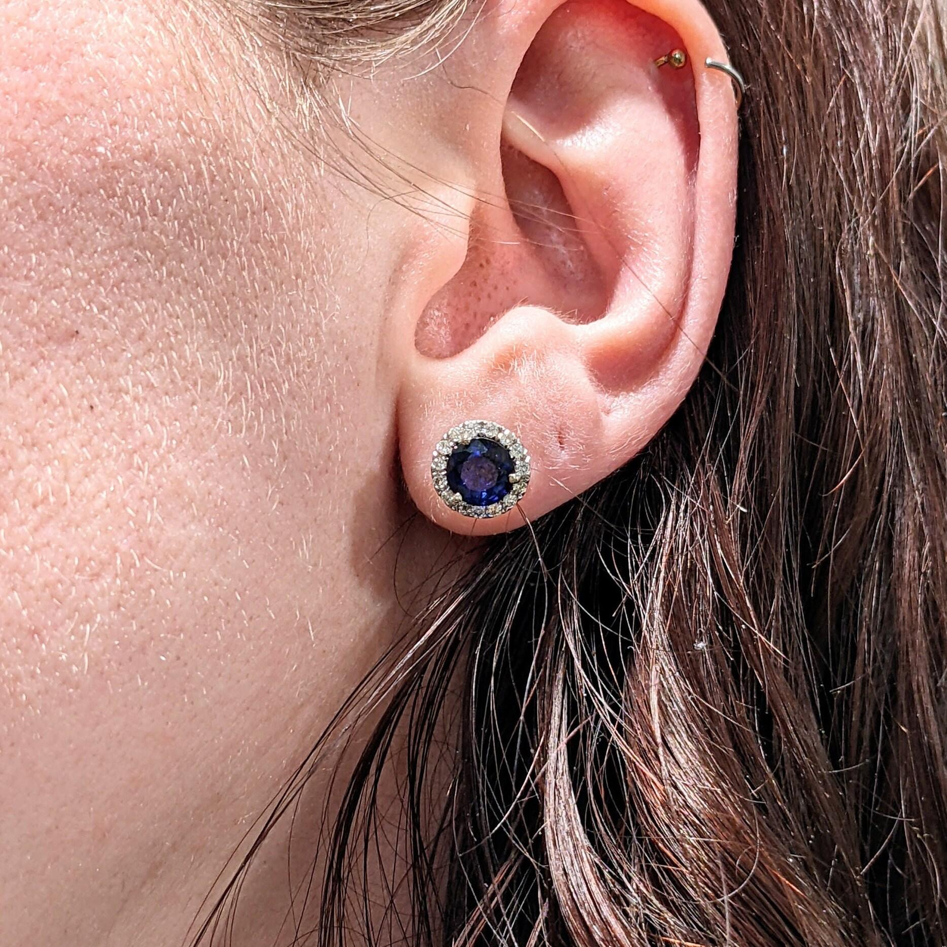 Ceylon Sapphire Stud Earrings w Earth Mined Diamonds in Solid 14K Gold Round 6mm