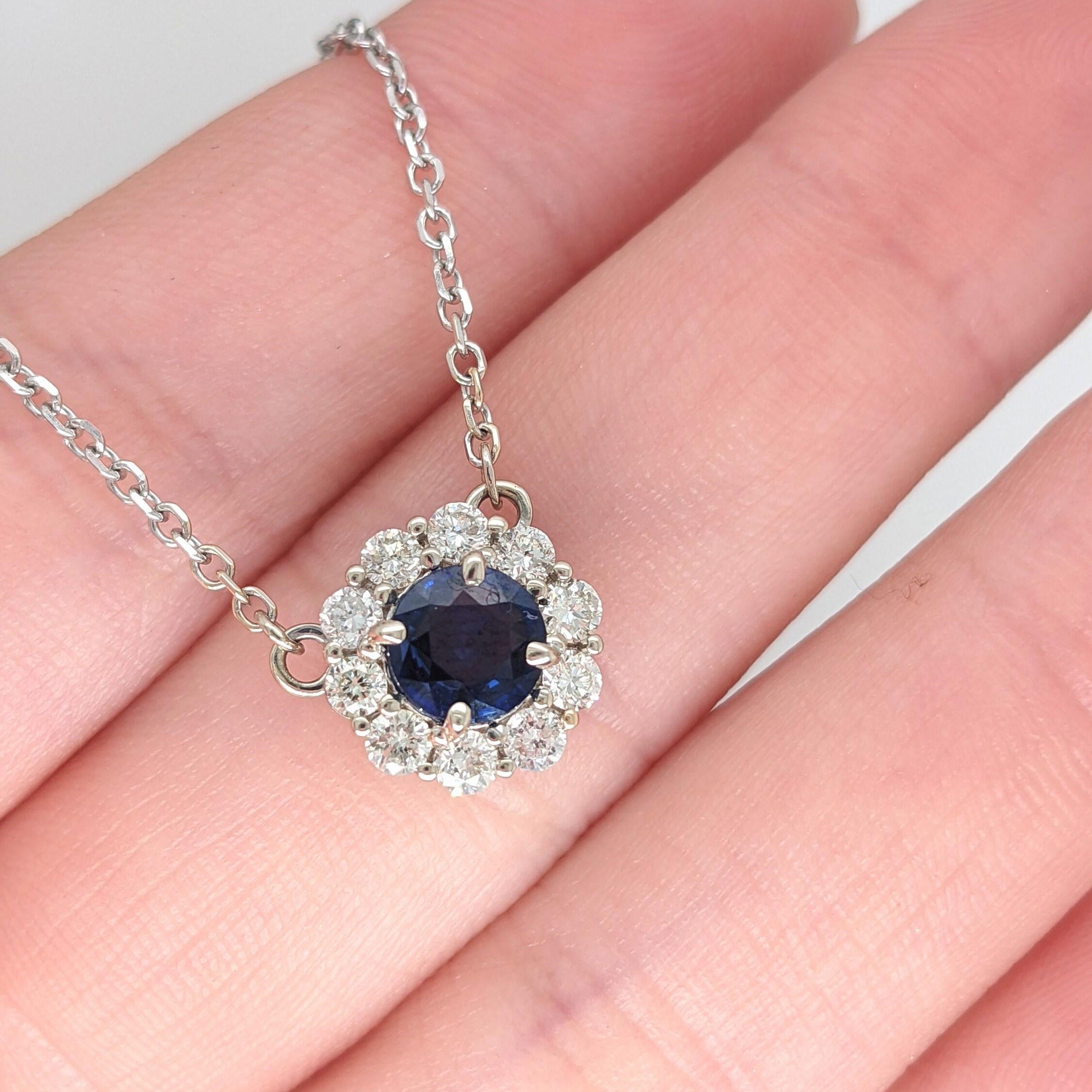 Sapphire Pendant Necklace w Earth Mined Diamonds in Solid 14K Gold Round 6mm